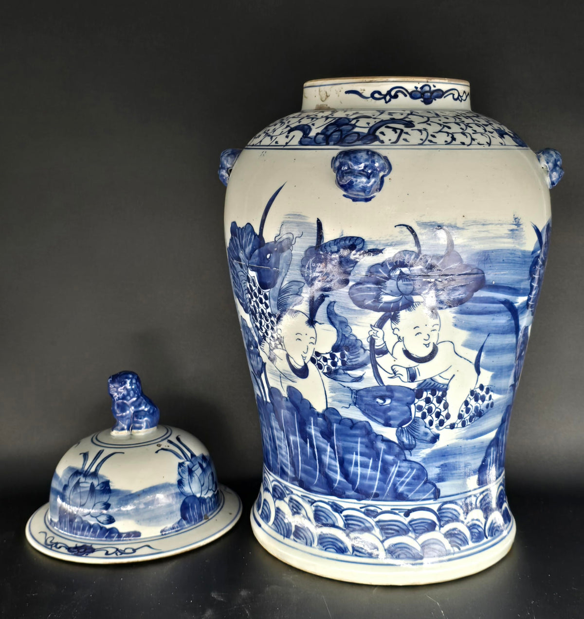 Blue and White Lotus Ginger Jar, 19 Inch