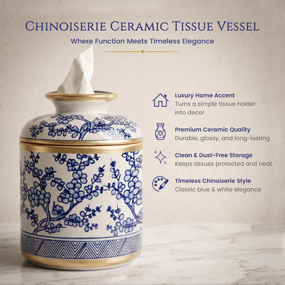 Round Chinoiserie Ceramic Tissue Holder with Lid