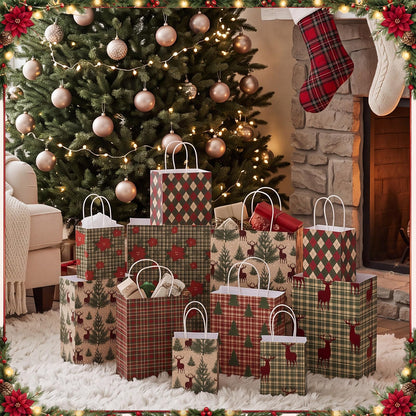 Blue Toile Christmas Kraft Gift Bags, Set of 18