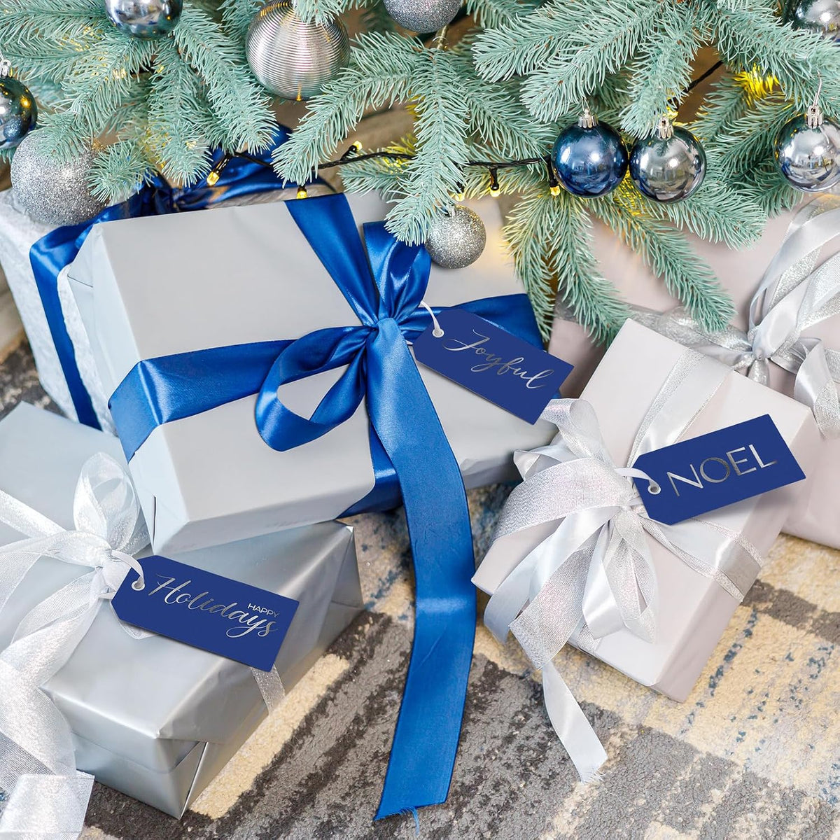 Christmas Gift Tags with Ribbon, 100 Pack, Blue and Silver