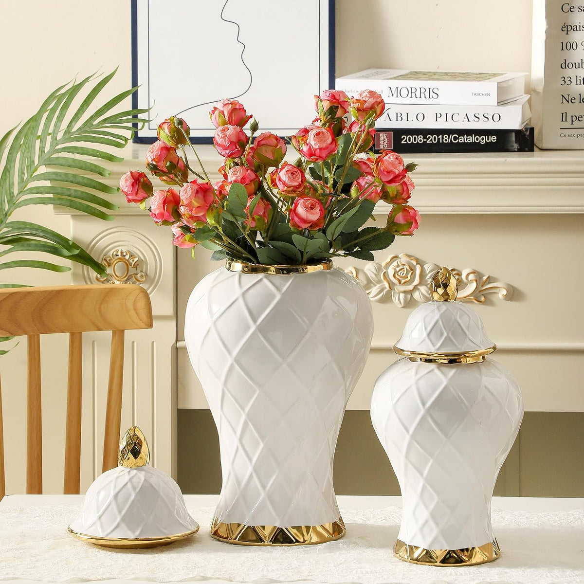 White and Gold Ceramic Ginger Jar, 12 to 18 Inch