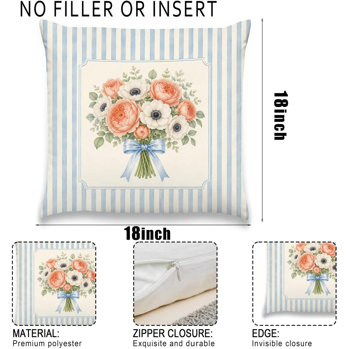 Blue Chinoiserie Bird and Peony Pillow Cover, 18x18