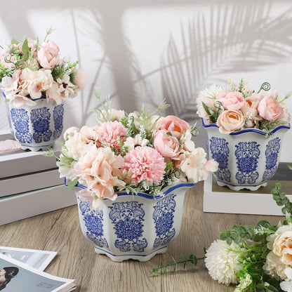 Blue and White Chinoiserie Planters with Saucers, Set of 3