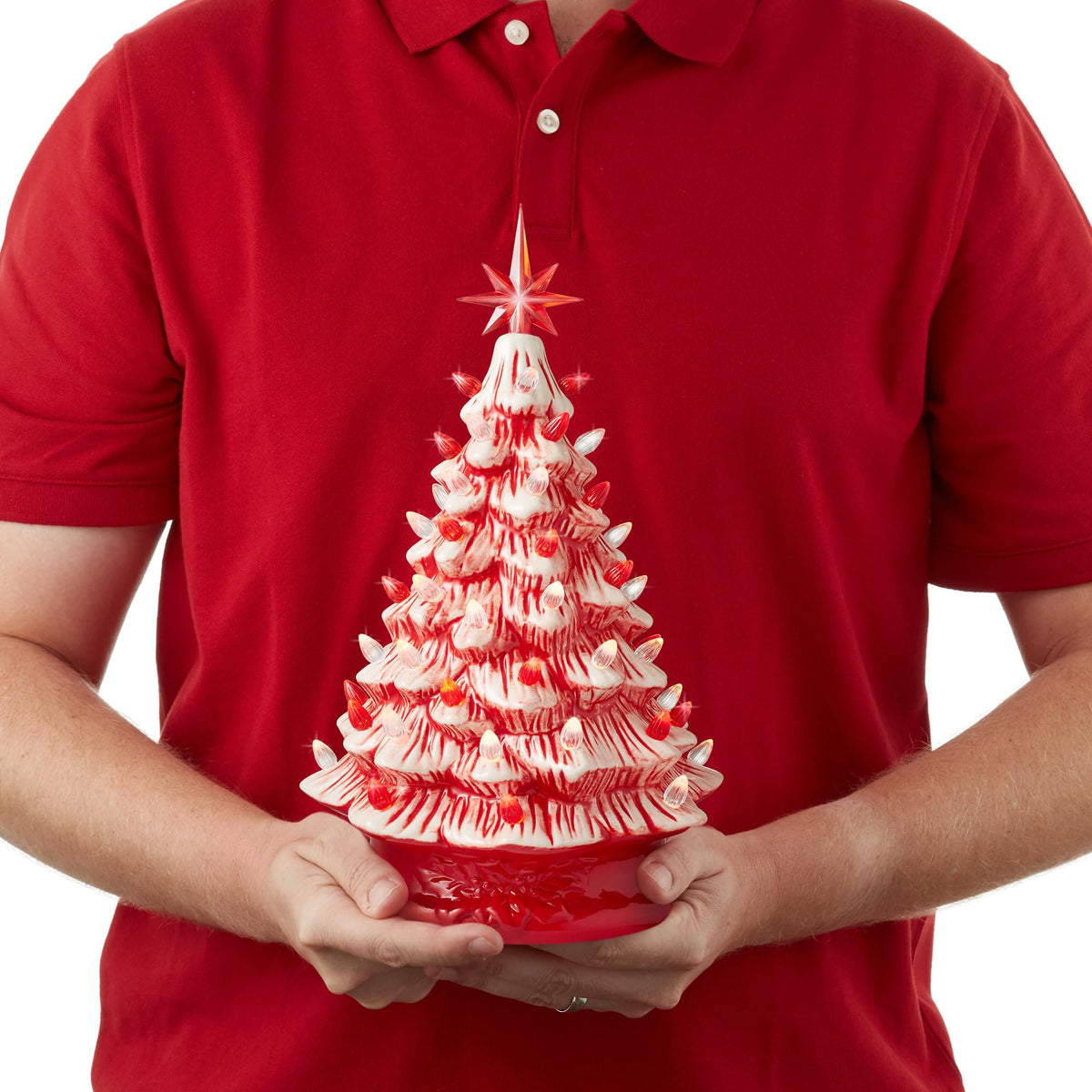 Hand Painted Ceramic Christmas Tree, 15 Inch Pre-Lit