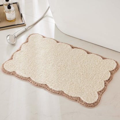 White Scalloped Bath Mat with Blue Piping