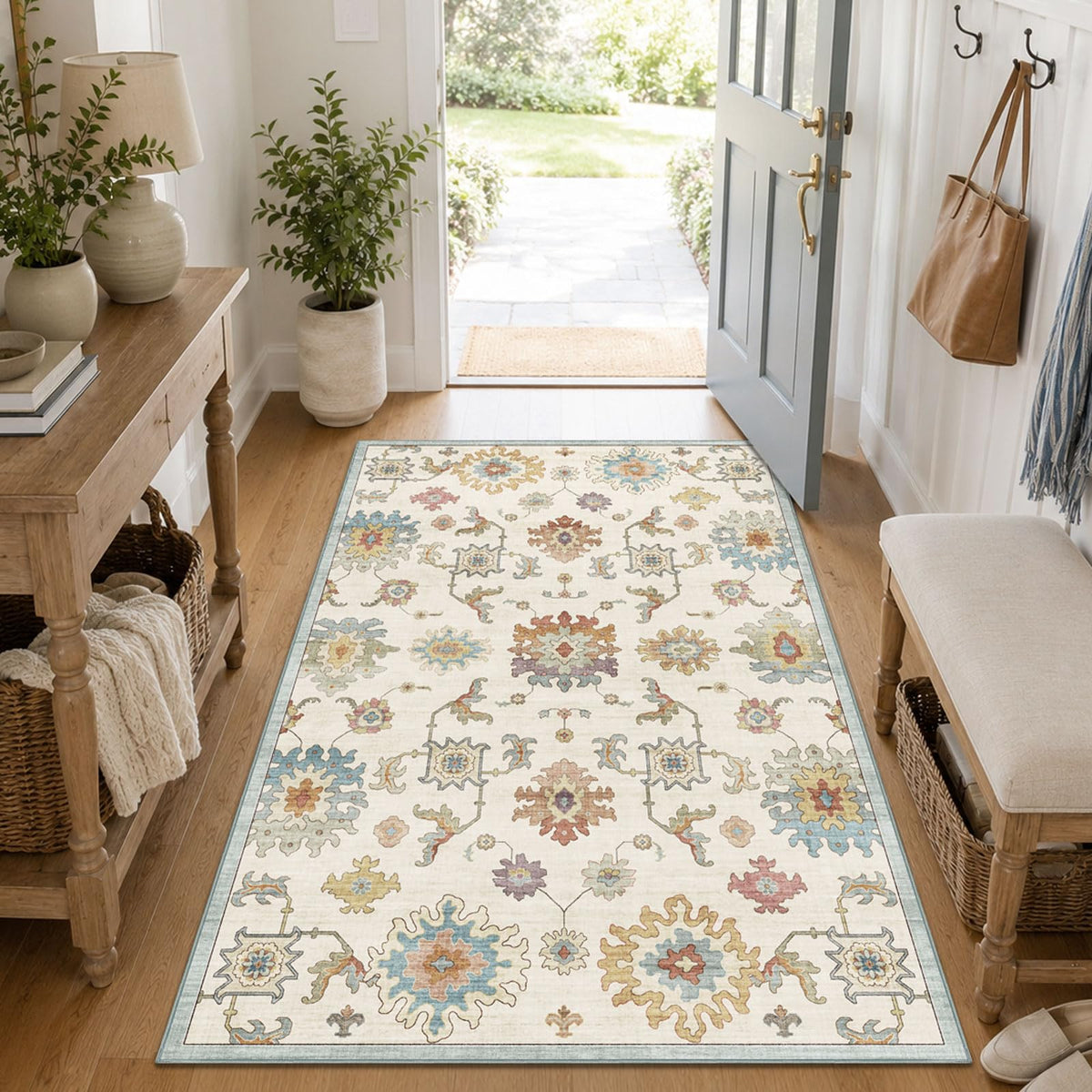 Washable Area Rug, Delft Blue Vintage Floral