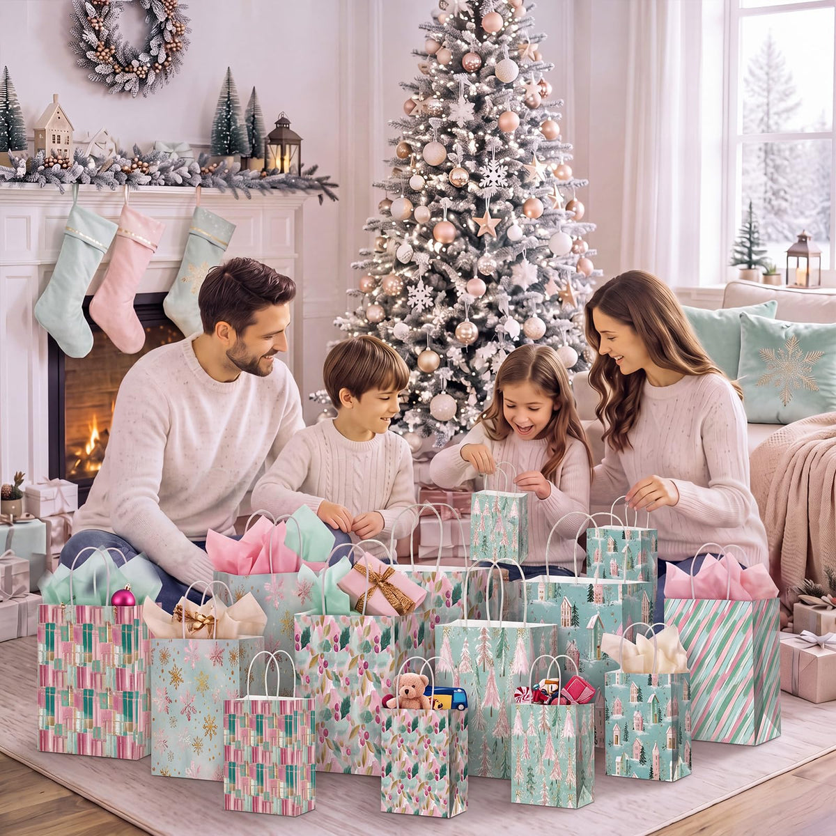 Blue Toile Christmas Kraft Gift Bags, Set of 18