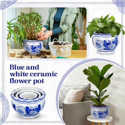 Blue and White Chinoiserie Planters with Saucers, Set of 3