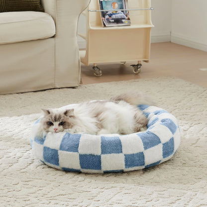 Blue Checkered Round Dog Bed