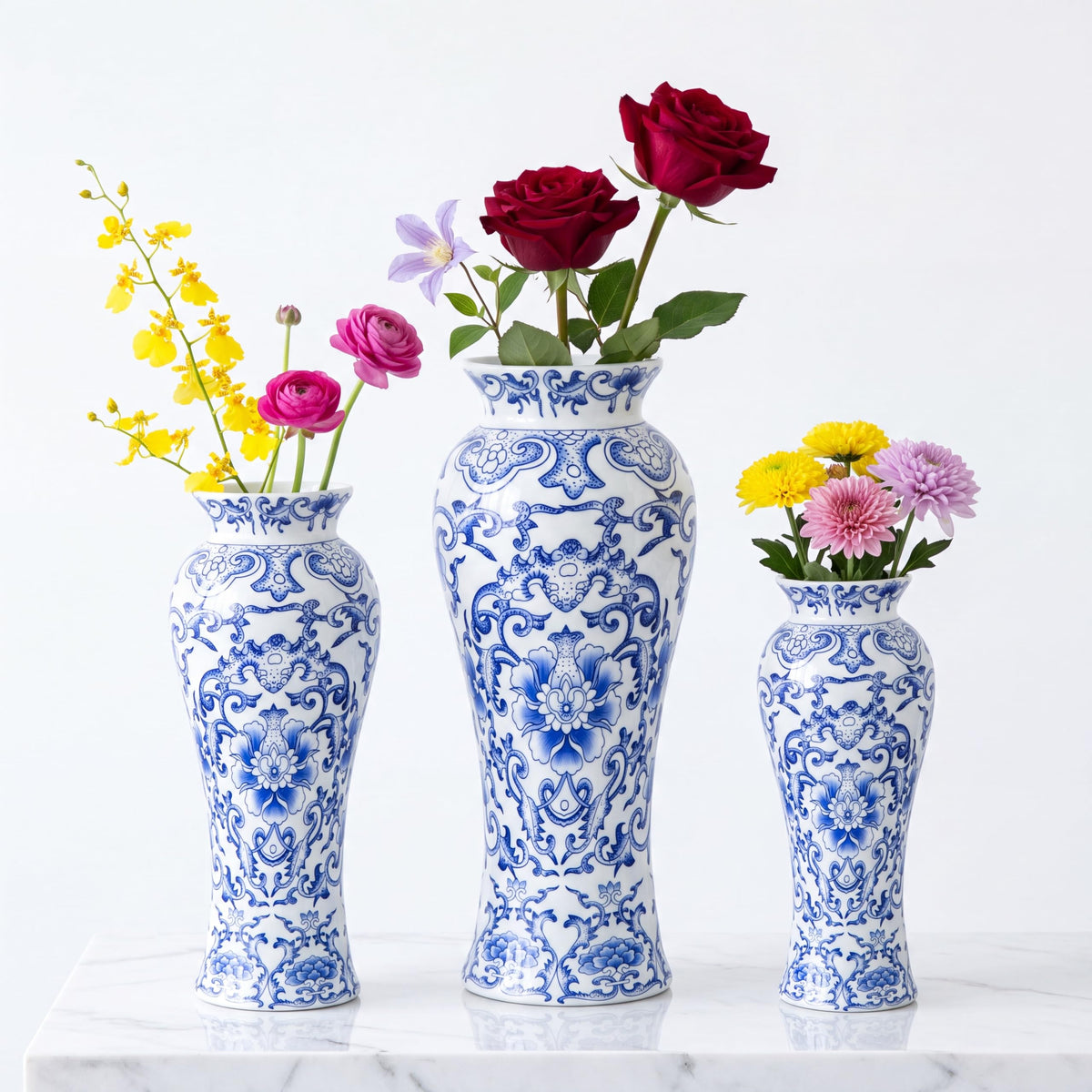 Set of 3 Blue and White Chinoiserie Vases