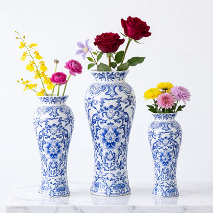 Set of 3 Blue and White Chinoiserie Vases