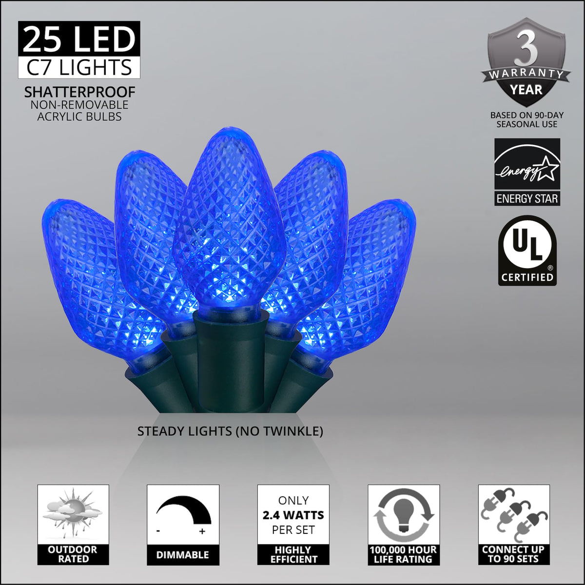 Blue C9 LED Christmas Light Set, 25 Bulbs