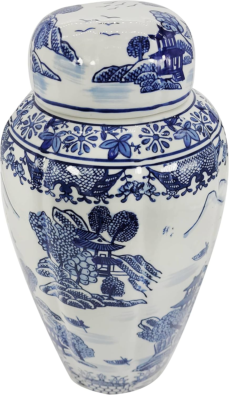 Galt Blue and White Temple Landscape Ginger Jar, 16 Inch