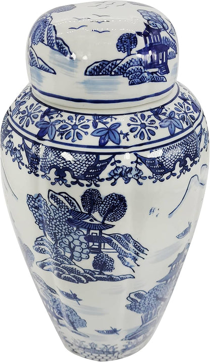 Galt Blue and White Temple Landscape Ginger Jar, 16 Inch