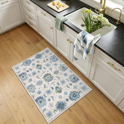 Washable Area Rug, Delft Blue Vintage Floral