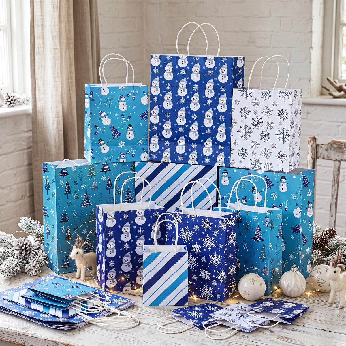 Blue Toile Christmas Kraft Gift Bags, Set of 18