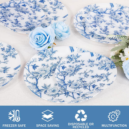 Blue Floral Plastic Plates, 60 Pieces