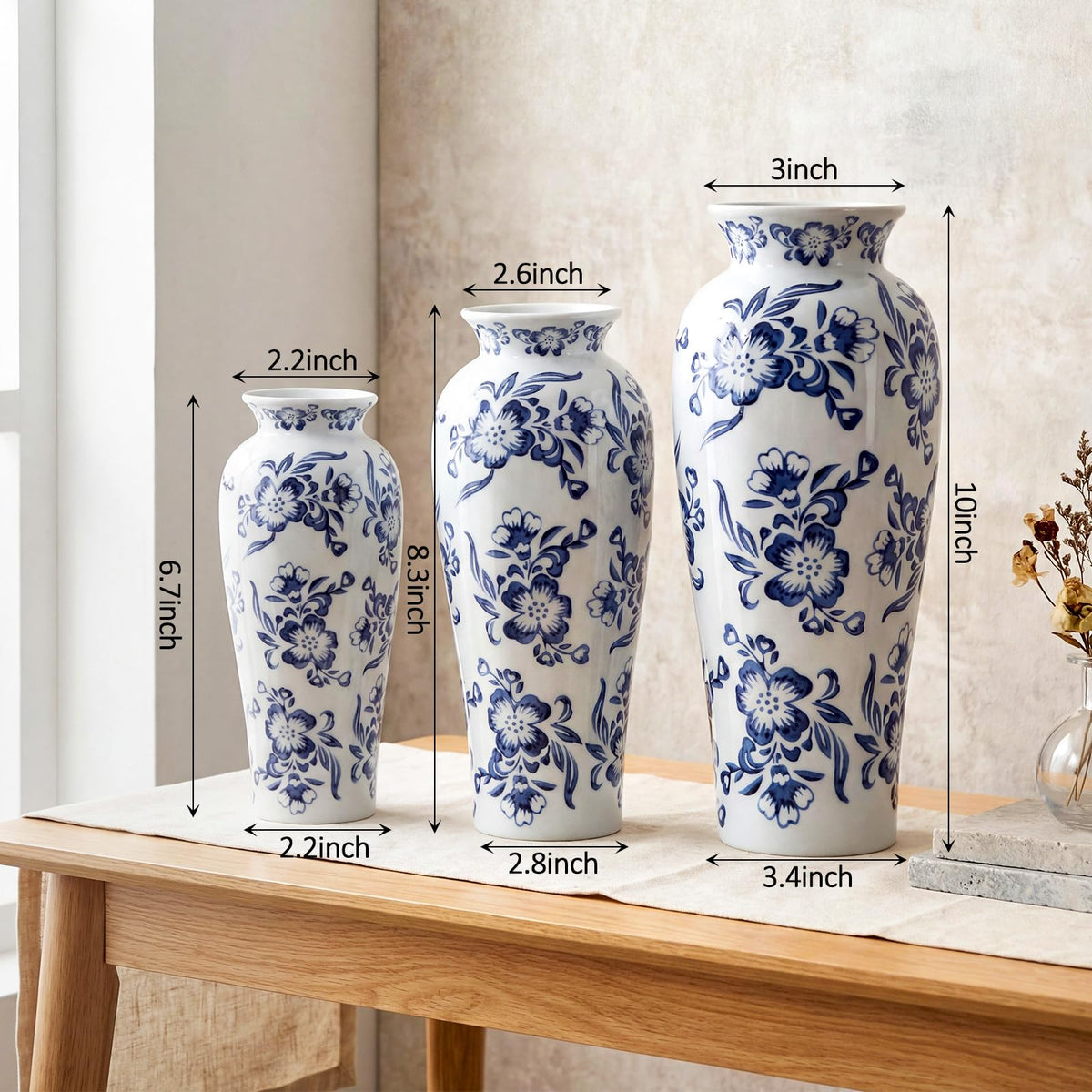 Set of 3 Blue and White Chinoiserie Vases