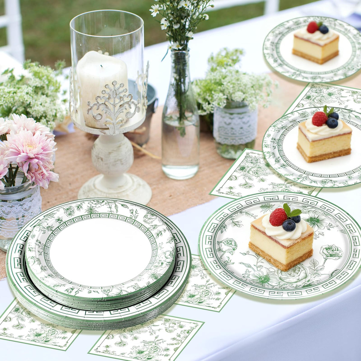 Blue and White Floral Paper Plates and Napkins, Serves 20
