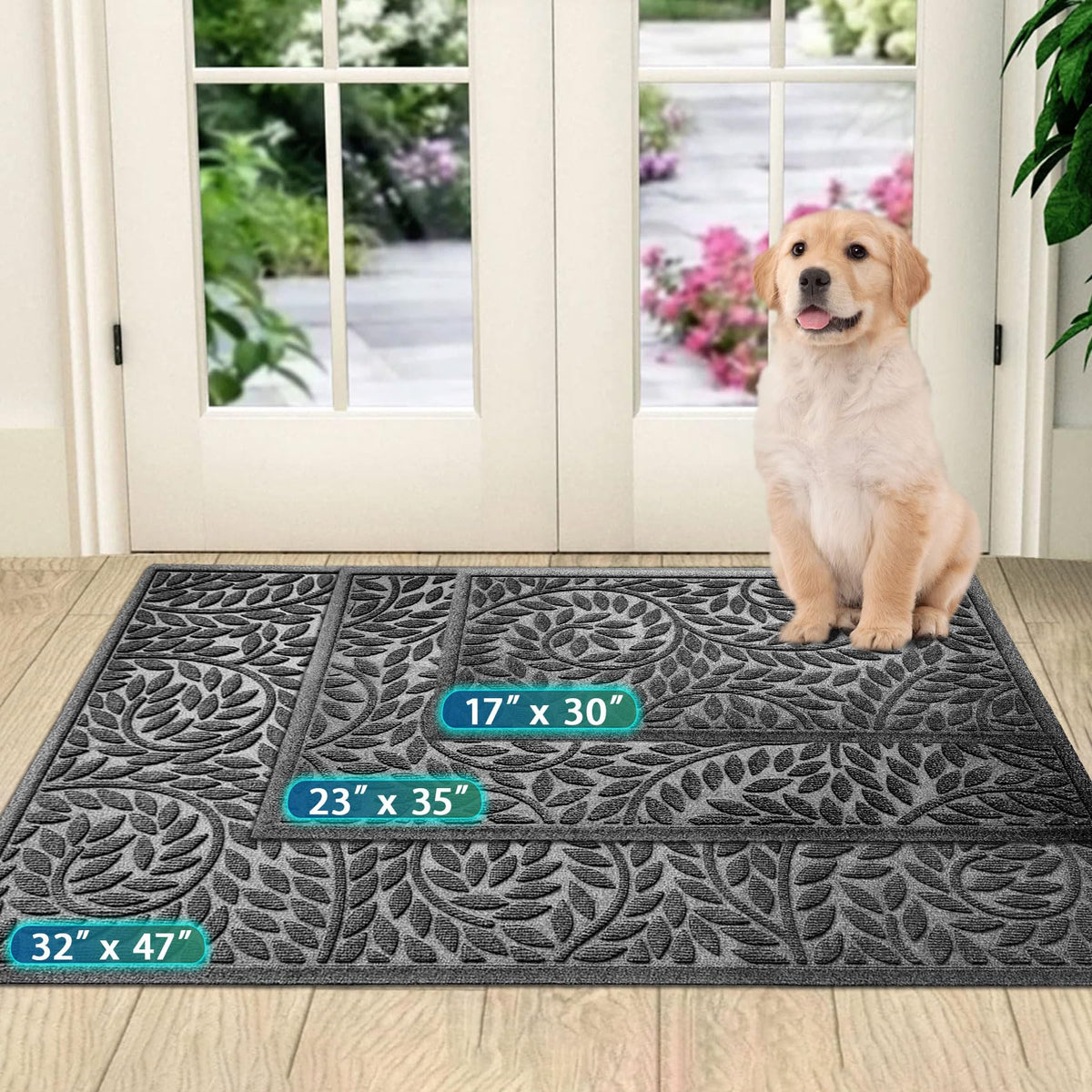 Blue Leaf Front Door Mat, Non-Slip Rubber