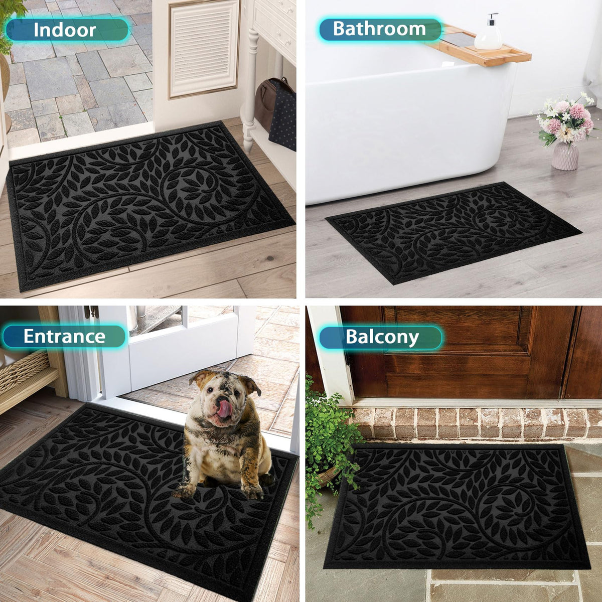 Blue Leaf Front Door Mat, Non-Slip Rubber
