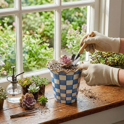 Blue and White Checkered Ceramic Planter, 6 Inch