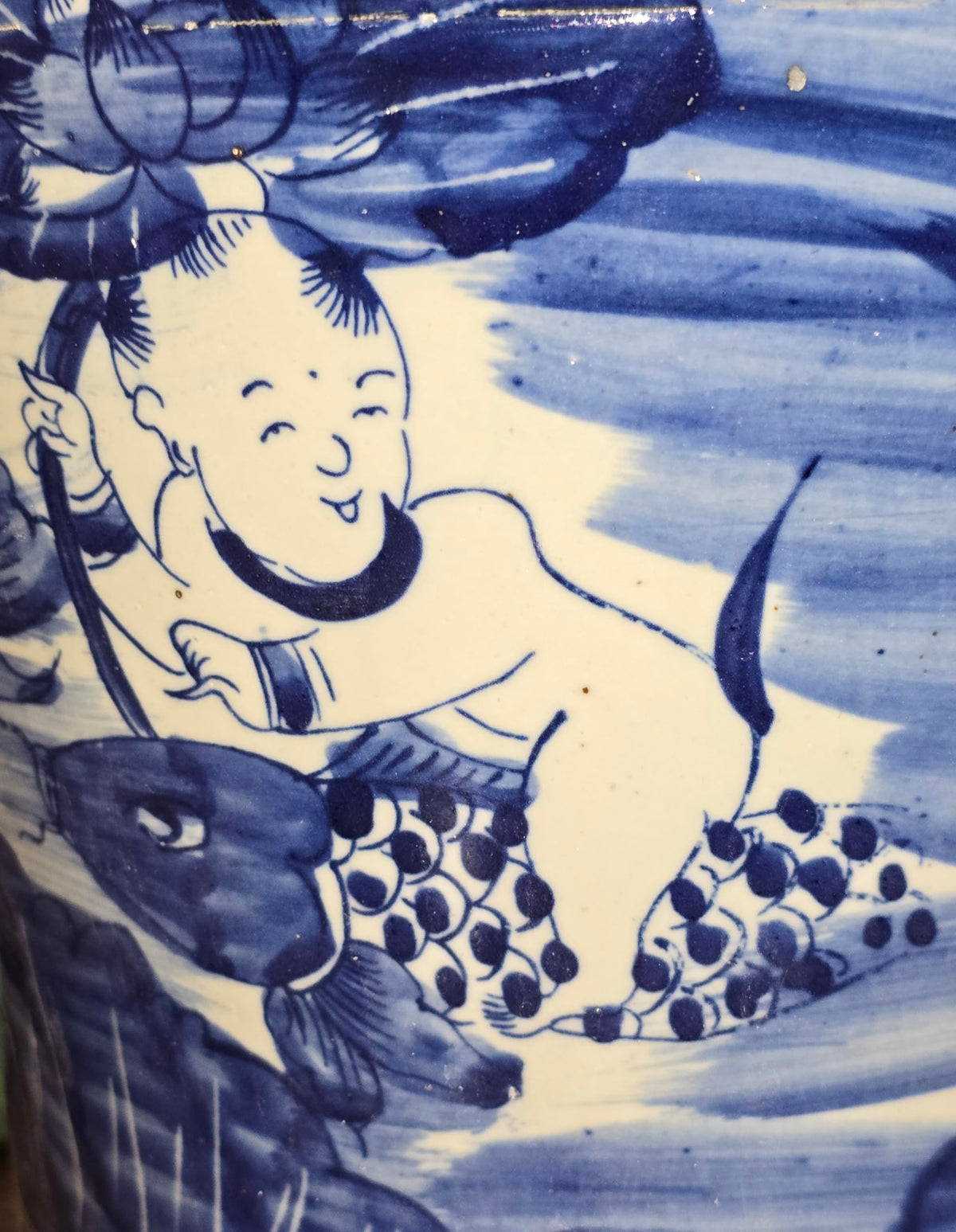 Blue and White Lotus Ginger Jar, 19 Inch