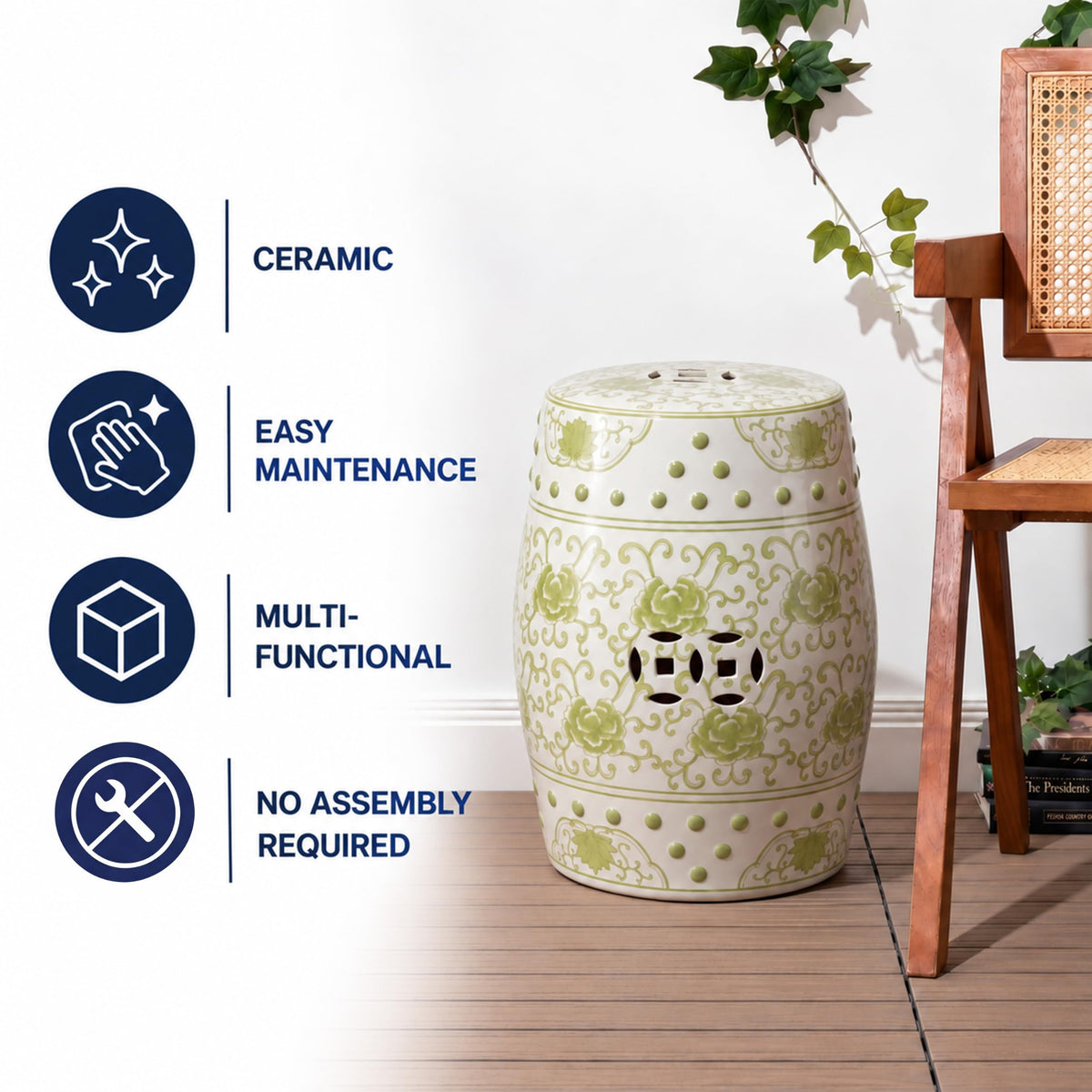 Jonathan Y Lotus Chinoiserie Garden Stool, 17.75"