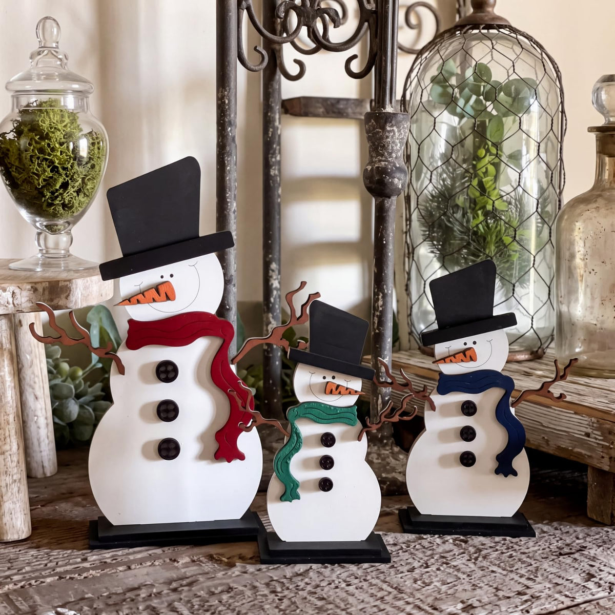 Chinoiserie Wooden Snowmen, Set of 3
