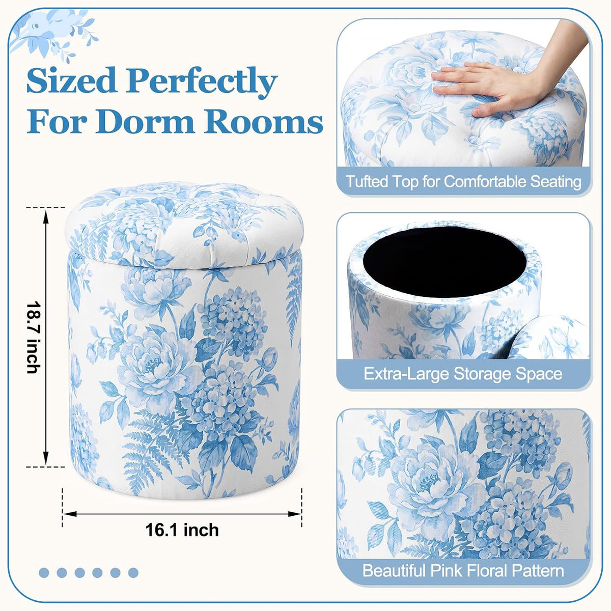 Blue Damask Tufted Round Ottoman, 16 Inch