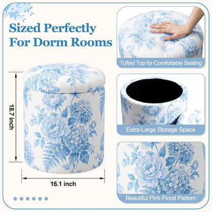 Blue Damask Tufted Round Ottoman, 16 Inch