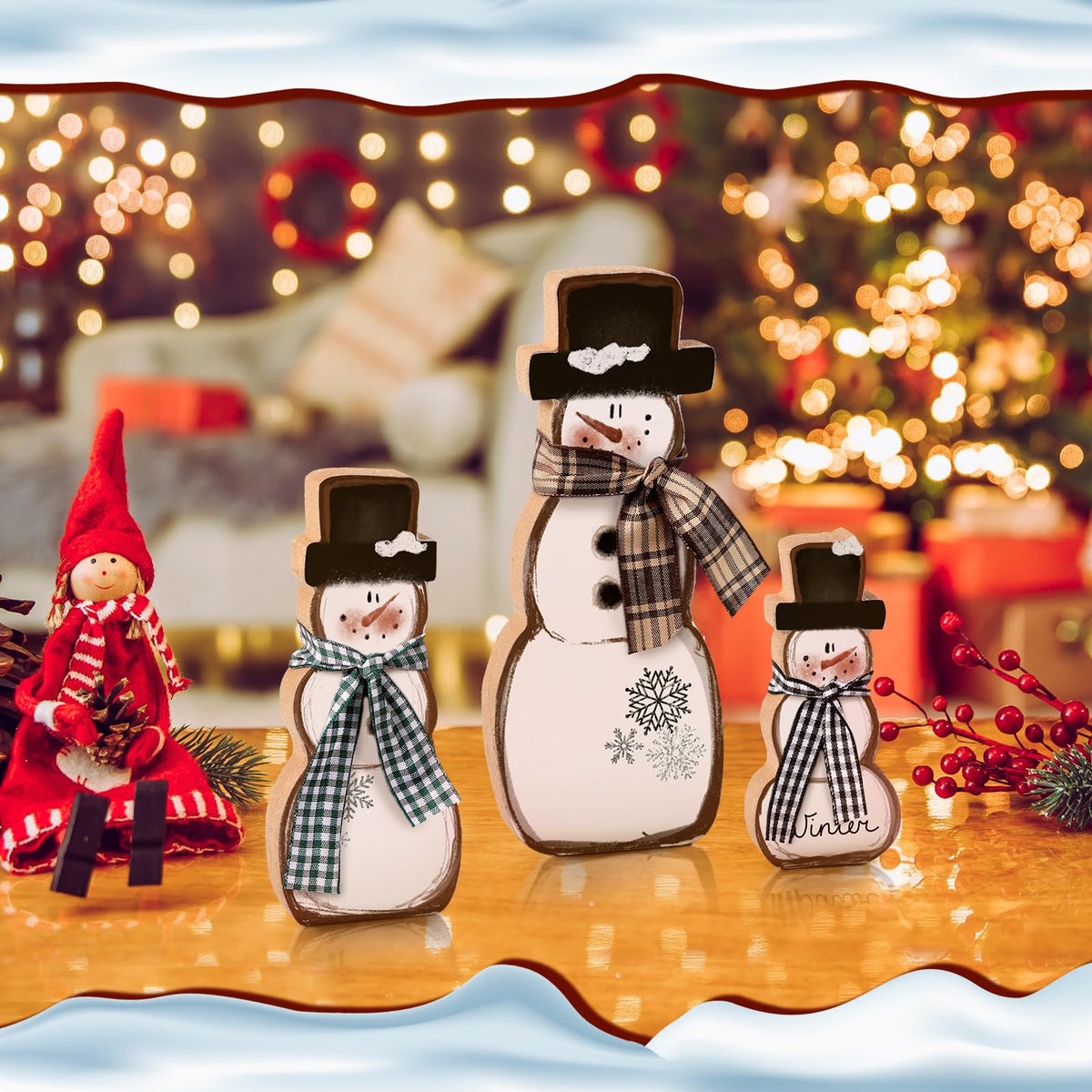 Chinoiserie Wooden Snowmen, Set of 3