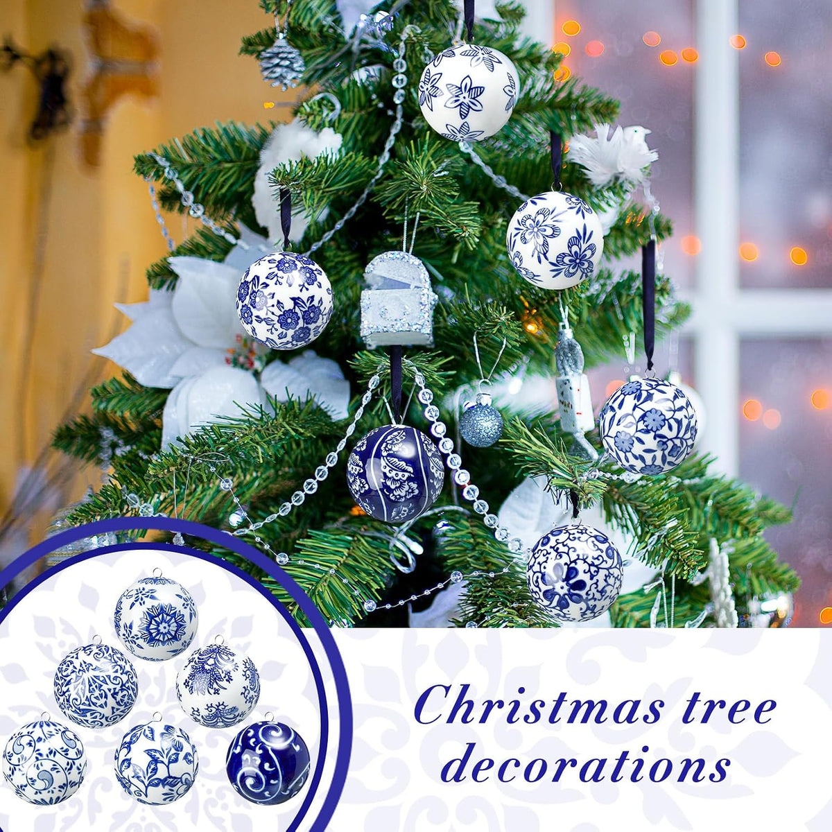 Blue and White Porcelain Christmas Balls, Set of 6 or 12