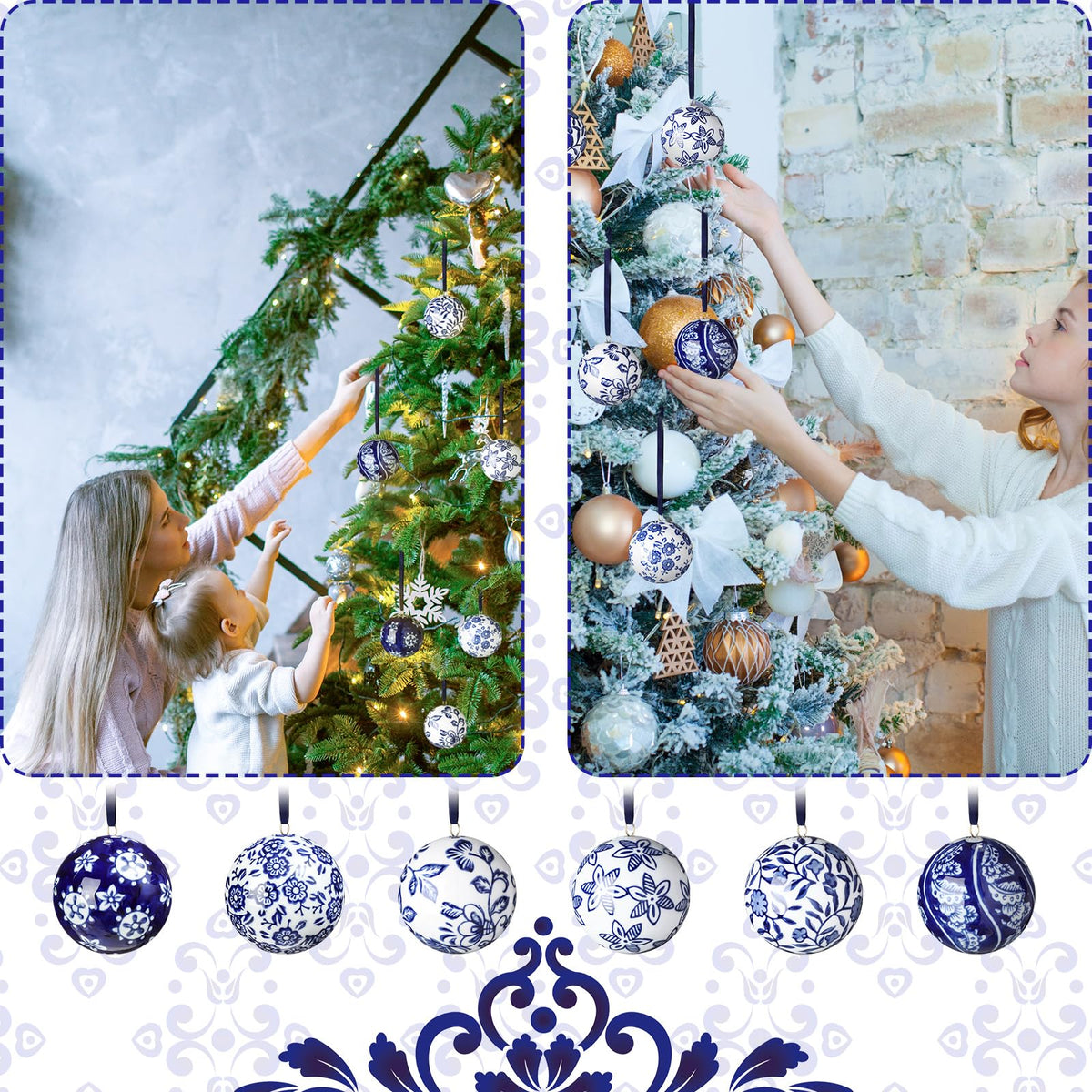 Blue and White Porcelain Christmas Balls, Set of 6 or 12