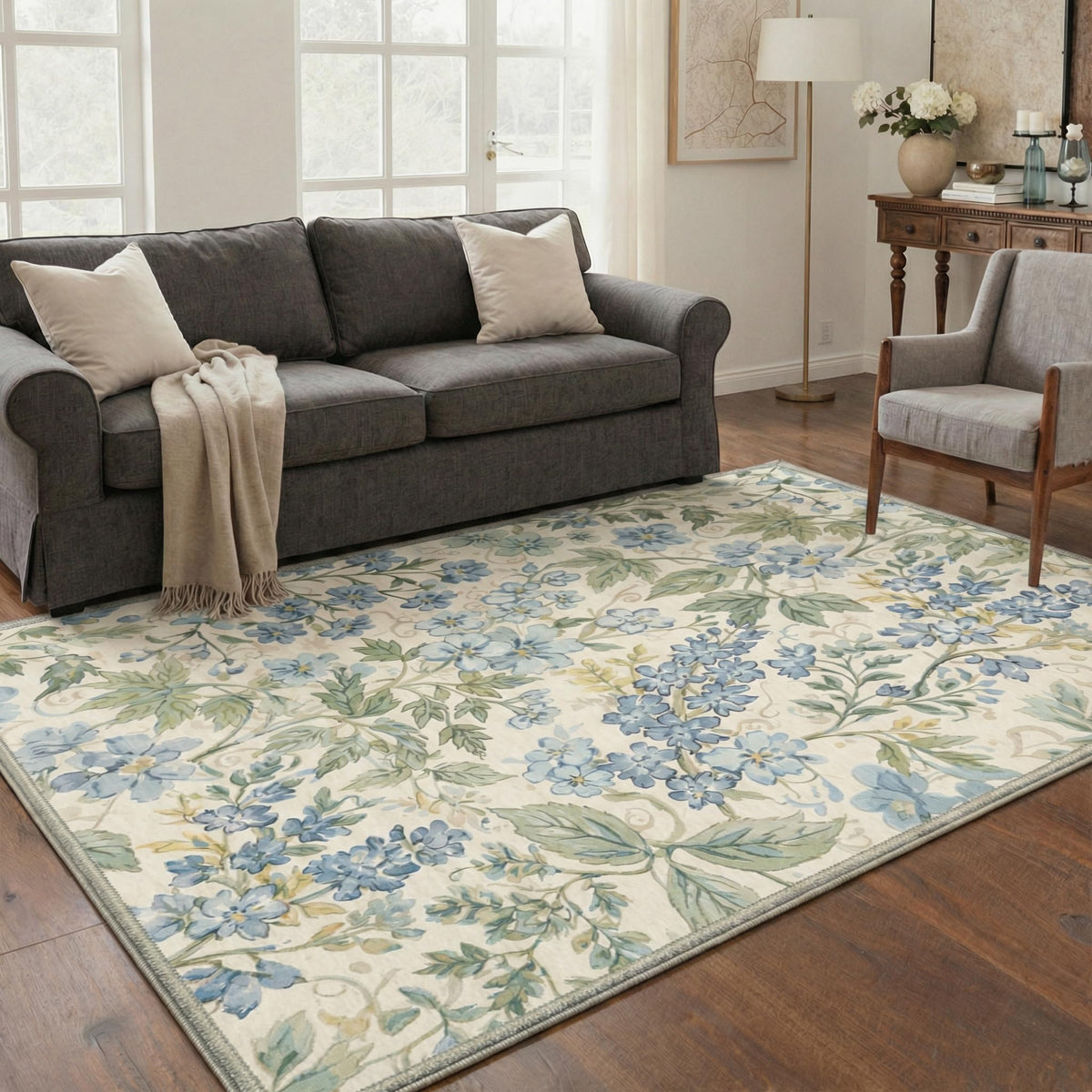 Bavni Dusty Blue Floral Washable Rug