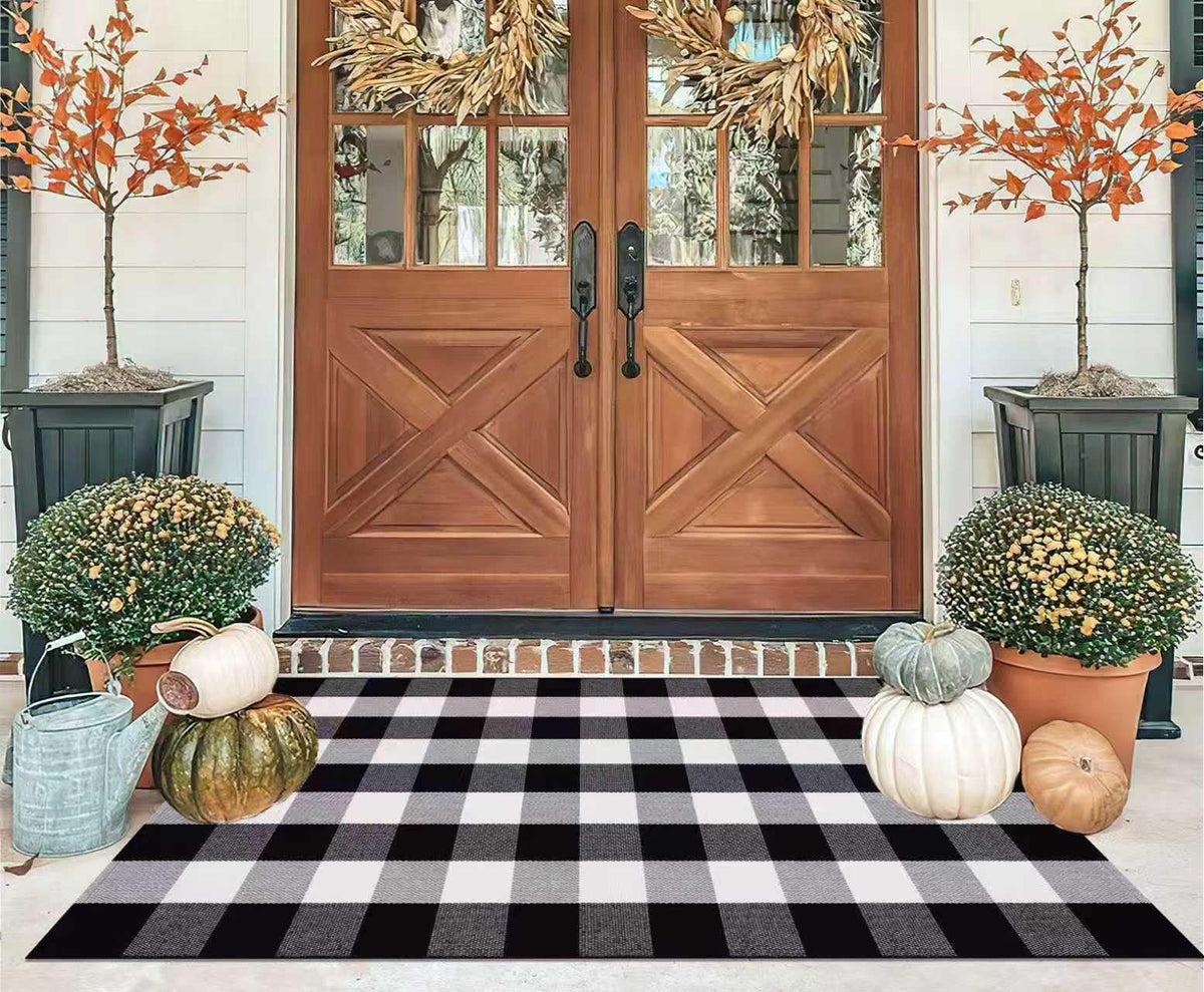 Light Blue Buffalo Plaid Cotton Door Mat, 24x35
