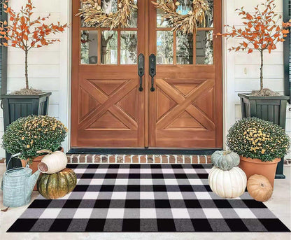 Light Blue Buffalo Plaid Cotton Door Mat, 24x35