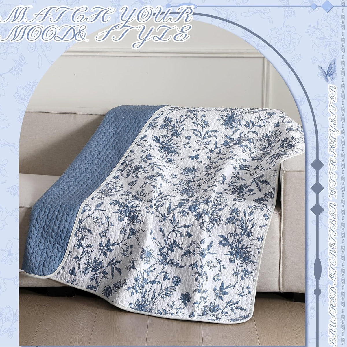Blue Floral Quilted Throw Blanket, 50 x 60 Inch