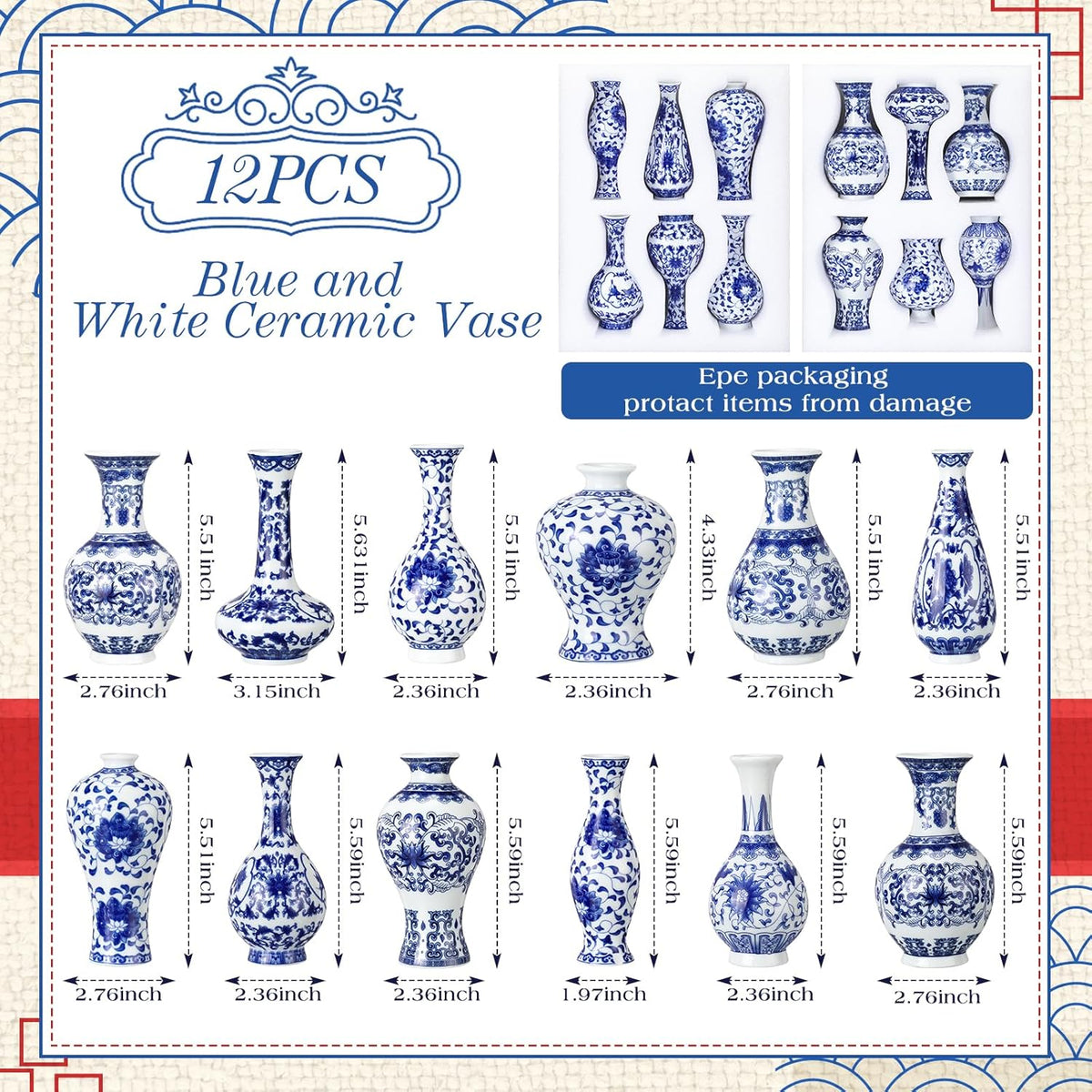 Mini Blue and White Chinoiserie Vases, Set of 12