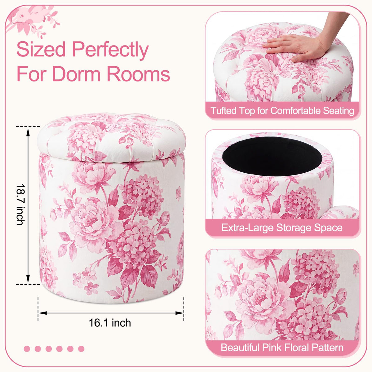 Blue Damask Tufted Round Ottoman, 16 Inch