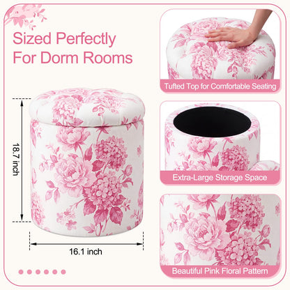 Blue Damask Tufted Round Ottoman, 16 Inch