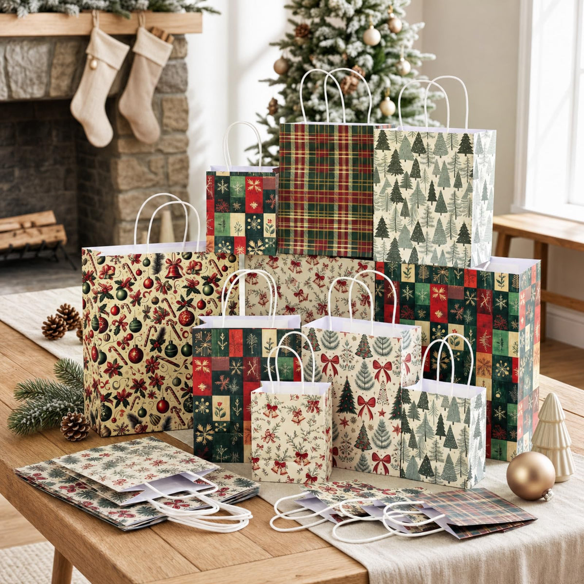 Blue Toile Christmas Kraft Gift Bags, Set of 18