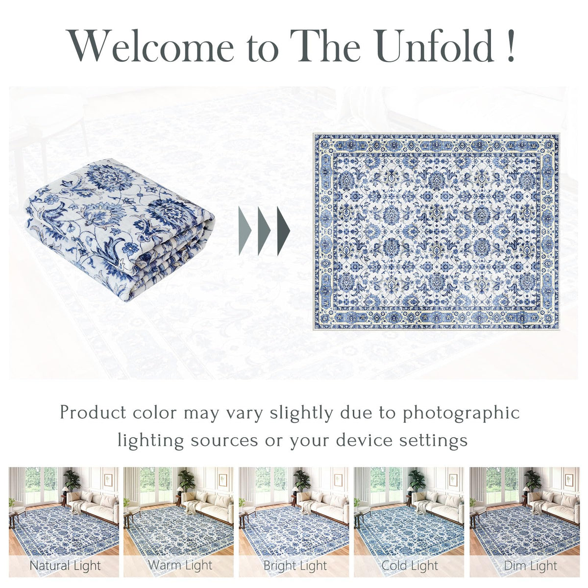 Washable Area Rug, Delft Blue Vintage Floral