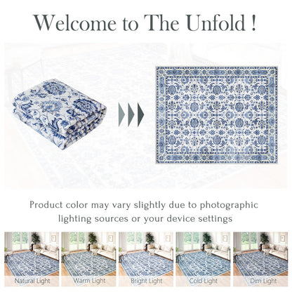 Washable Area Rug, Delft Blue Vintage Floral