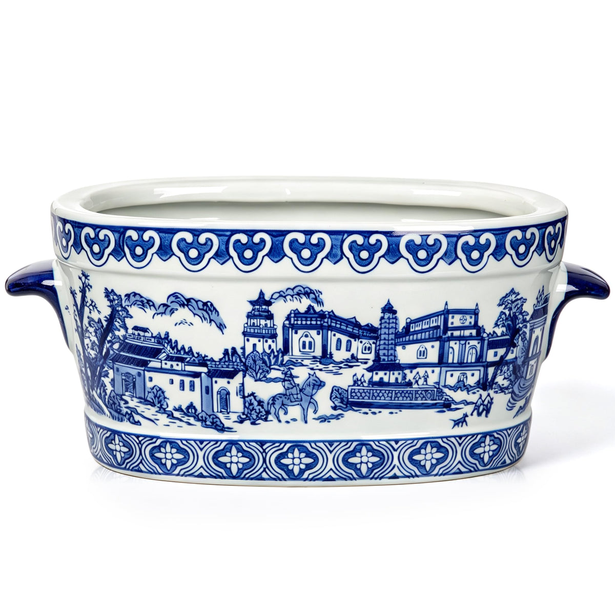 Blue Floral Oval Ceramic Cachepot, 10.6 in