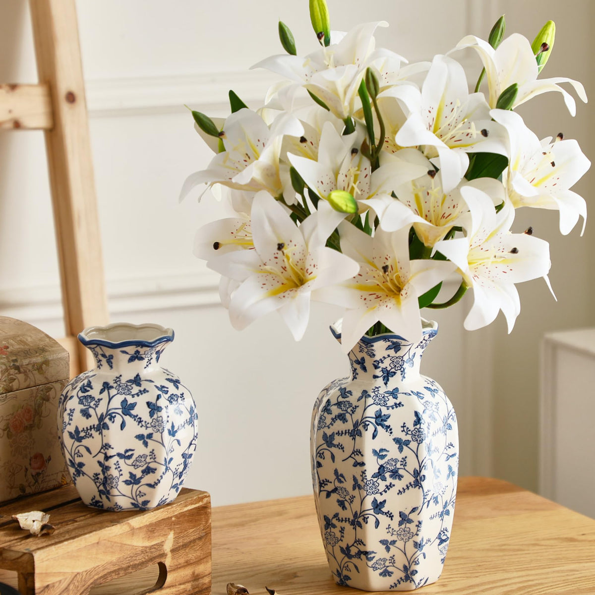 Set of 2 Blue and White Chinoiserie Vases