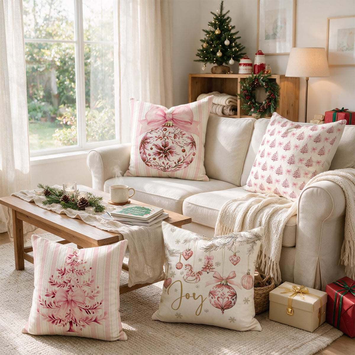 Blue Stripe Christmas Pillow Covers, Set of 4