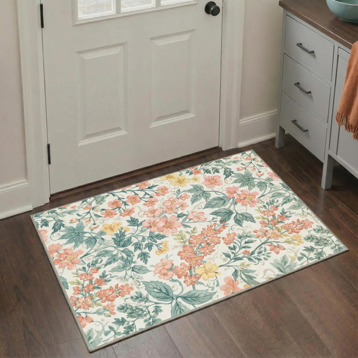 Bavni Dusty Blue Floral Washable Rug