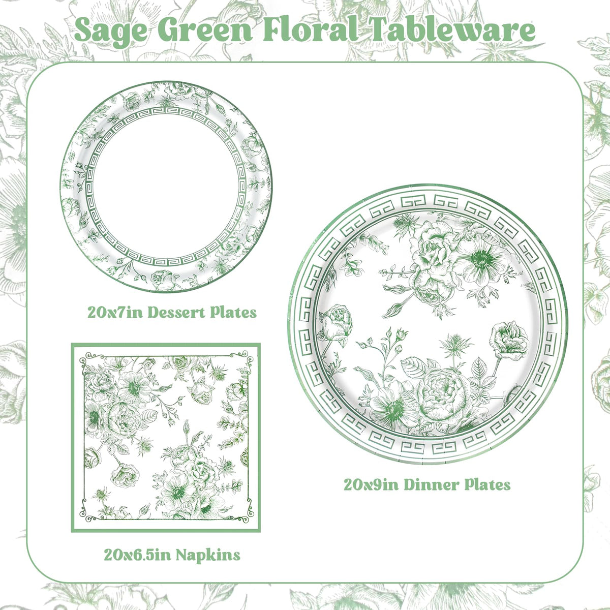 Blue and White Floral Paper Plates and Napkins, Serves 20