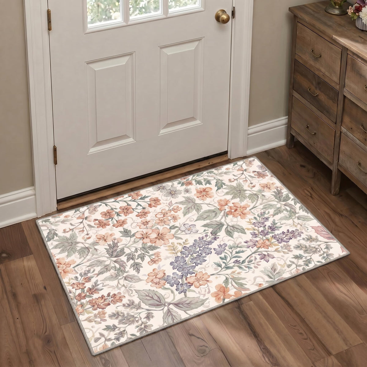 Bavni Dusty Blue Floral Washable Rug